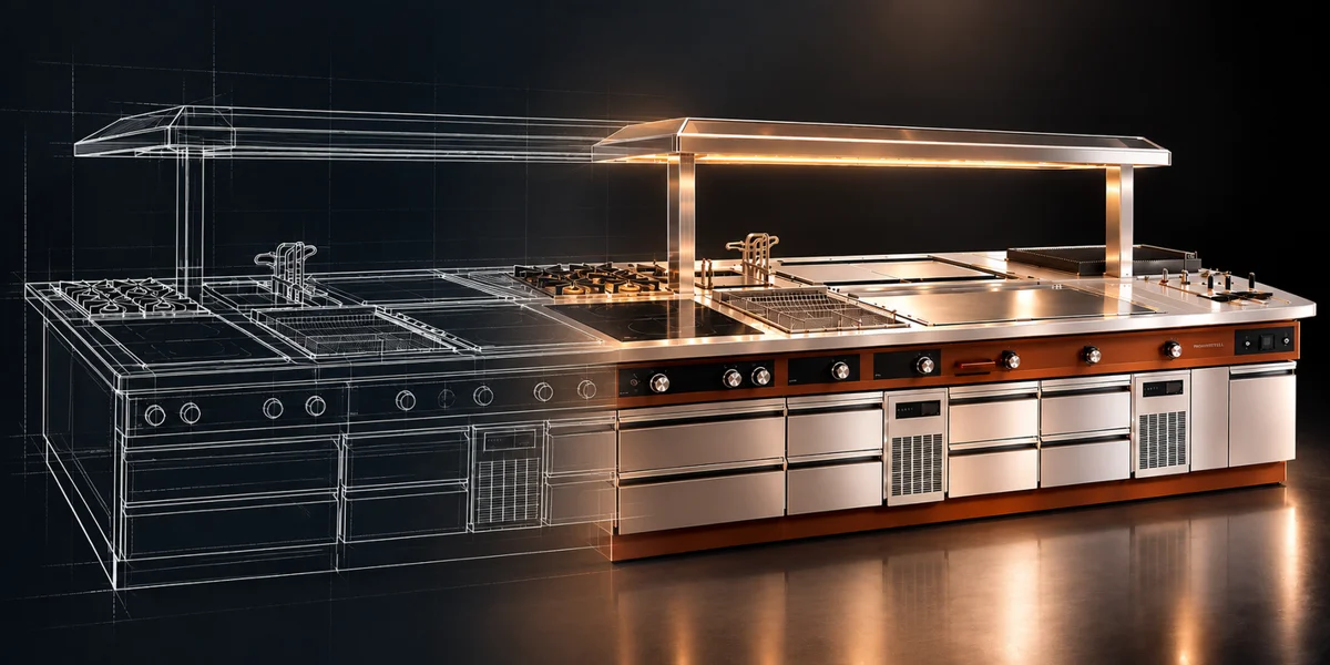 Illustration d’un îlot de cuisson, du dessin technique à sa réalisation