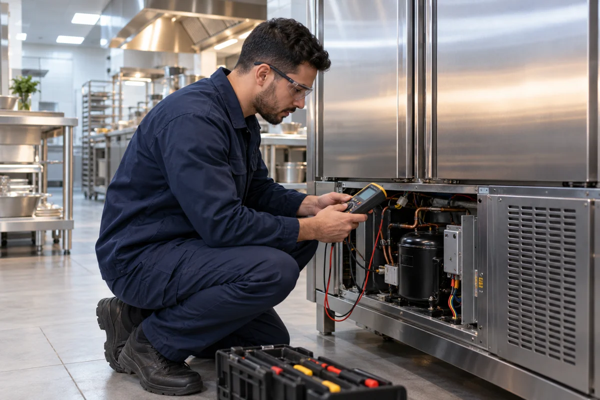 Illustration d’un technicien contrôlant un équipement frigorifique